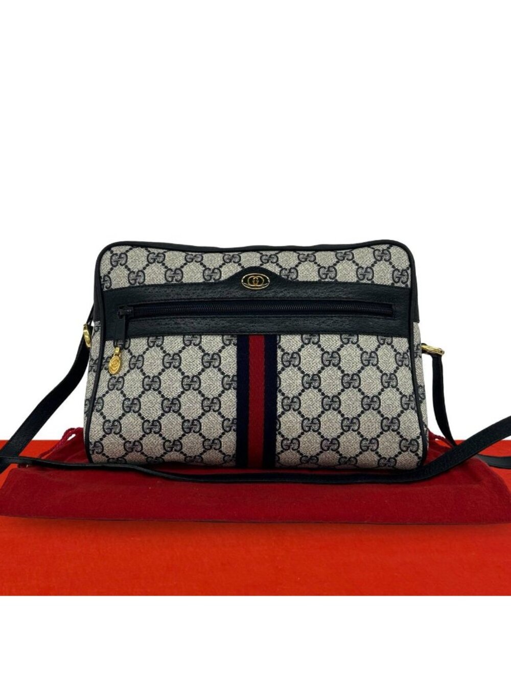 Gucci Vintage Sherry Line GG Logo Leather Shoulder Bag Navy